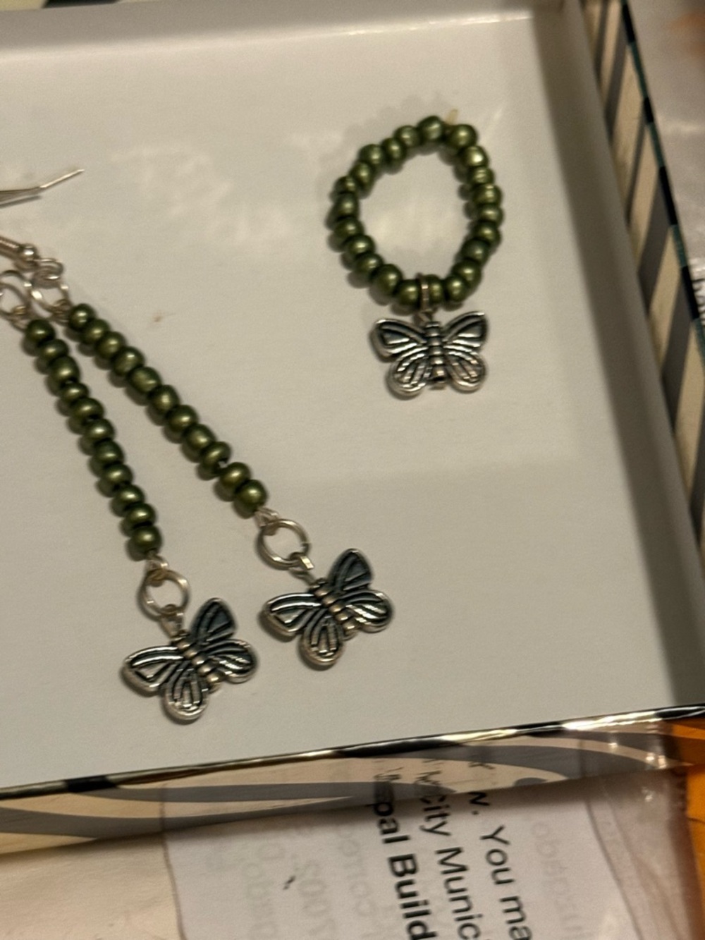 Green Beaded Butterfly Earrings and Ring Set handmade